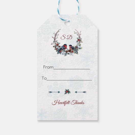 Chic Berries Bullfinch Winterkrans Huwelijk Cadeaulabel (Achterkant)