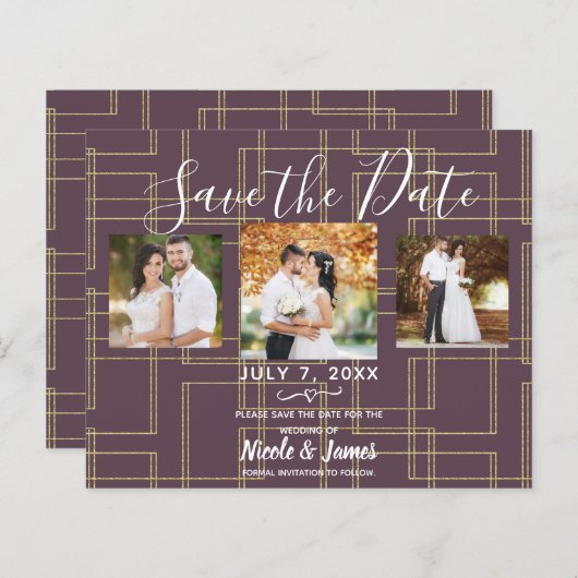 Chic Berry Mauve & Gold Geometric Glam Save Date (Voorkant / Achterkant)