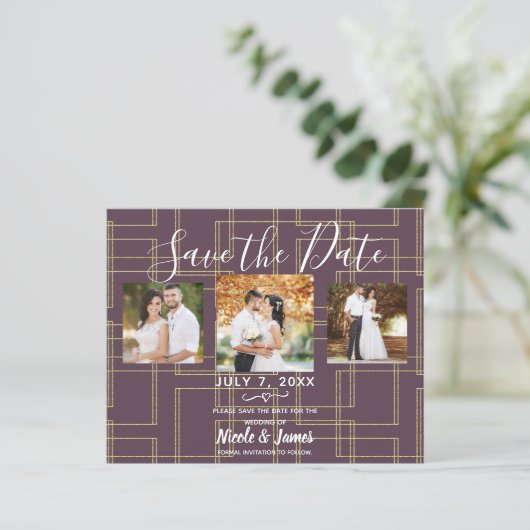 Chic Berry Mauve & Gold Geometric Glam Save Date (Staand voorkant)