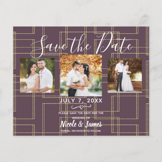Chic Berry Mauve & Gold Geometric Glam Save Date (Voorkant)