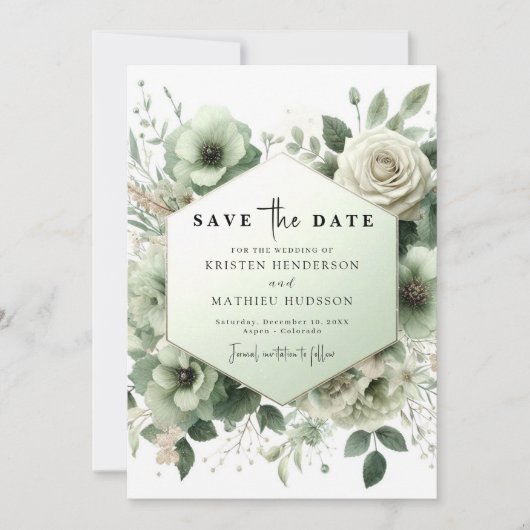 Chic bewerkbare botanische salie groene bruiloft save the date (Voorkant)