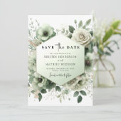Chic bewerkbare botanische salie groene bruiloft save the date (Staand voorkant)