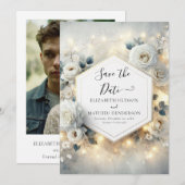 Chic bewerkbare witte rozen bruiloft save the date (Voorkant / Achterkant)