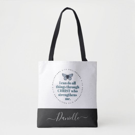 Chic Bible Verse Philippians Blue Butterfly Name Tote Bag (Voorkant)