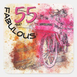 Chic Bicycle Waterverf "55 and Fabulous" Birthday Vierkante Sticker