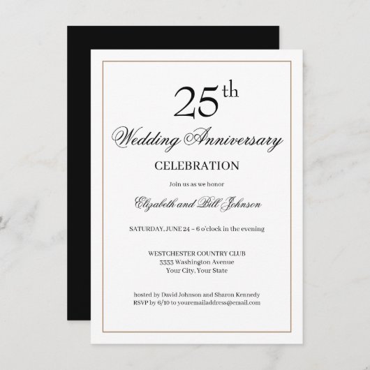 Chic Black 25th Wedding Jubileum Uitnodiging (Voorkant / Achterkant)