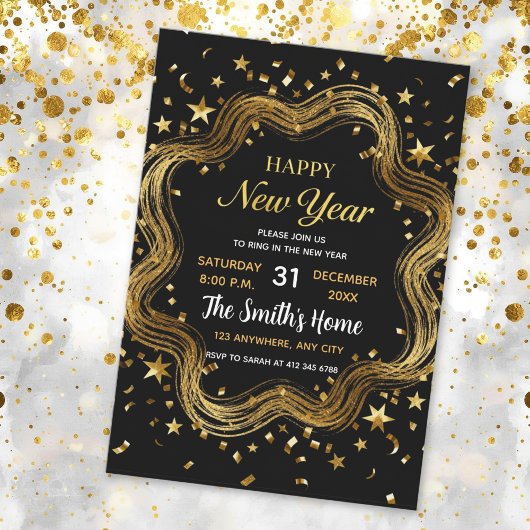 chic black and gold new year's eve party kaart