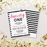 Chic Black and White 21st Birthday Invitation Kaart<br><div class="desc">Nodig vrienden en familie uit met deze zwarte en witte strepen 21e verjaardagsuitnodiging met het woord "Twintig" in roze waterverf. Pas deze uitnodiging door de placeholder tekst in de sjabloon te vervangen aan. Klik op de knop "Aanpassen" voor meer opties zoals het wijzigen van het lettertype en het formaat ervan....</div>