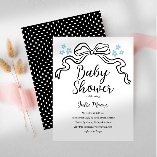Chic Black and White Bow Baby shower Uitnodiging