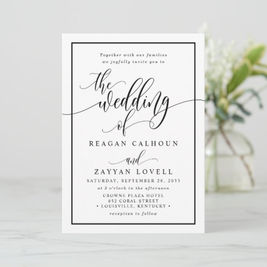 Chic Black and White Calligraphy Script Wedding in Kaart (Staand voorkant)
