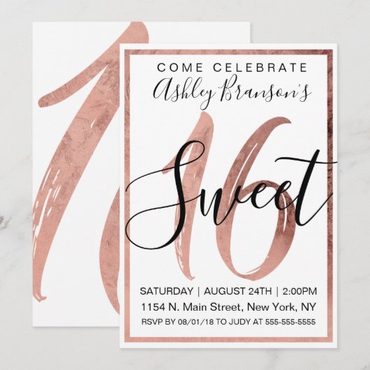 Chic Black and White Faux Roos Gold Foil Sweet 16 Kaart (Voorkant / Achterkant)