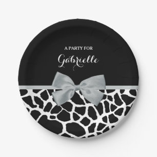 Chic Black and White Giraffe Print Silver Grey Bow Papieren Bordje