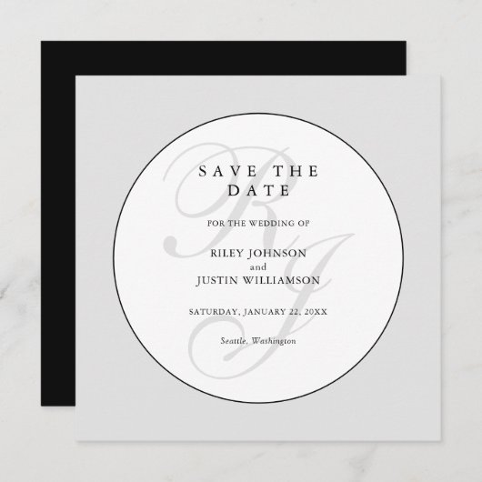Chic Black and White Monogram Save the Date (Voorkant / Achterkant)