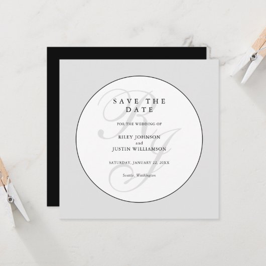 Chic Black and White Monogram Save the Date (Voorkant / Achterkant in situ)