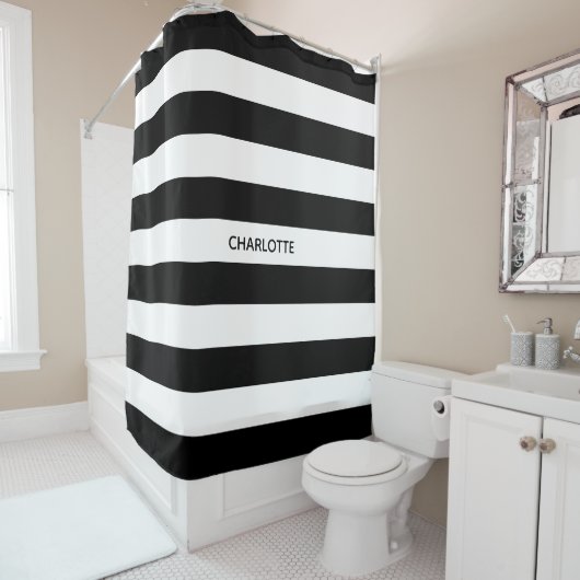 Chic black and white stripes custom name monogram douchegordijn (In situ)
