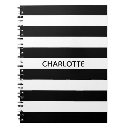 Chic black and white stripes custom name monogram notitieboek (Voorkant)