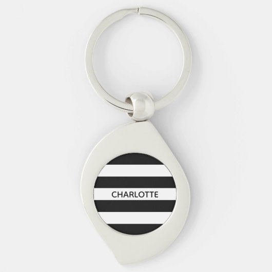 Chic black and white stripes custom name monogram sleutelhanger (Voorkant)