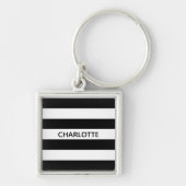 Chic black and white stripes custom name monogram sleutelhanger (Voorkant)