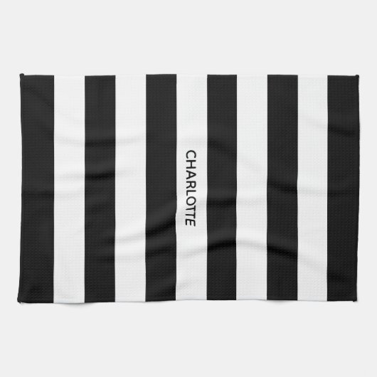 Chic black and white stripes custom name monogram theedoek (Horizontaal)