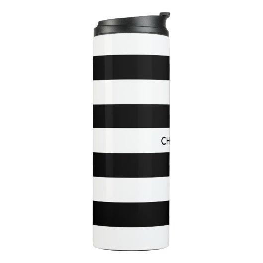 Chic black and white stripes custom name monogram thermosbeker (Gedraaid links)