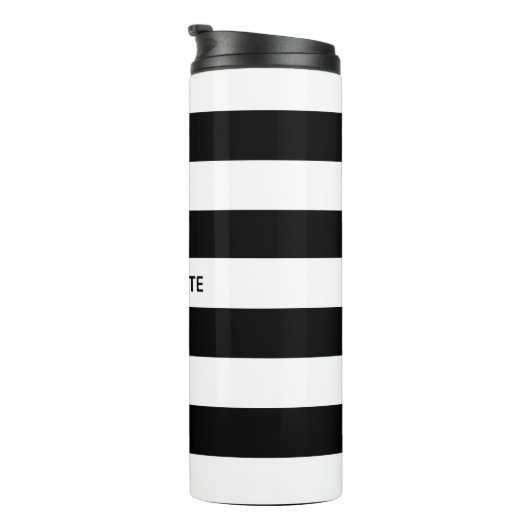 Chic black and white stripes custom name monogram thermosbeker (Geroteerd rechts)