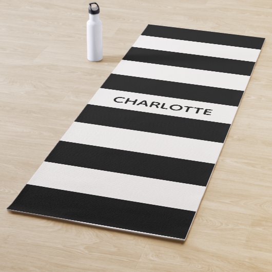 Chic black and white stripes custom name monogram yogamat (In situ)
