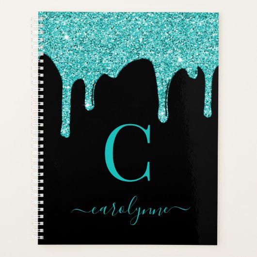 Chic Black Blauwgroen Glitter Dripping Luxury Planner (Voorkant)