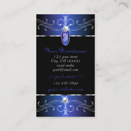 Chic Black Blue Paarse  Ornamenten Initialen Visitekaartje (Achterkant)