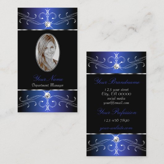 Chic Black Blue Paarse  Ornamenten met foto Visitekaartje (Voorkant / Achterkant)