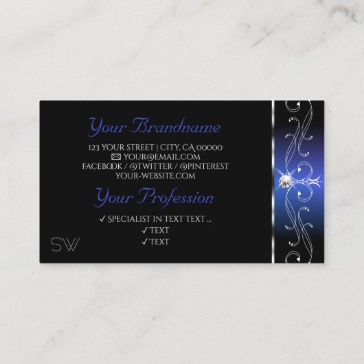 Chic Black Blue Squiggles Sparkle Jewels Initialen Visitekaartje (Achterkant)