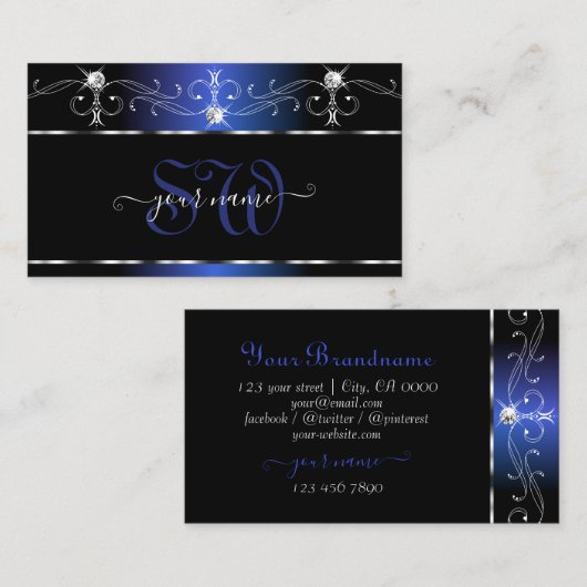 Chic Black Blue Squiggles Sparkle Jewels Monogram Visitekaartje (Voorkant / Achterkant)
