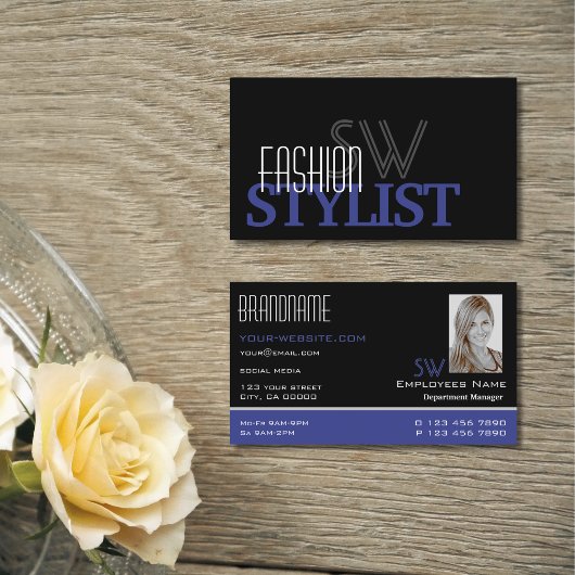 Chic Black Blue White Simple Monogram en foto Visitekaartje