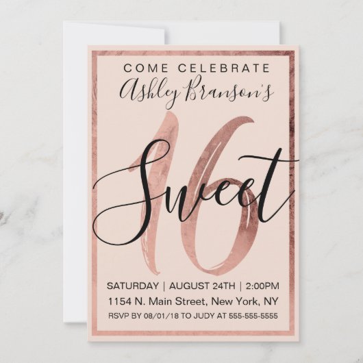 Chic Black Blush Pink Faux Roos Gold Foil Sweet 16 Kaart (Voorkant)