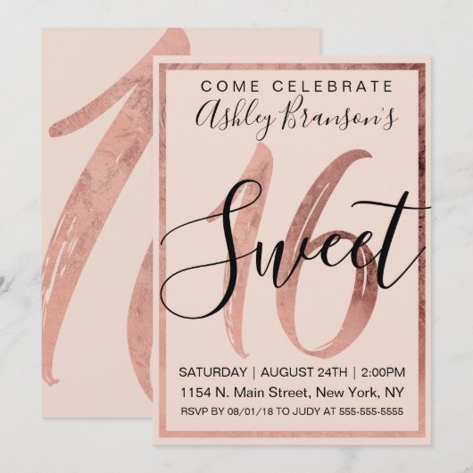 Chic Black Blush Pink Faux Roos Gold Foil Sweet 16 Kaart (Voorkant / Achterkant)