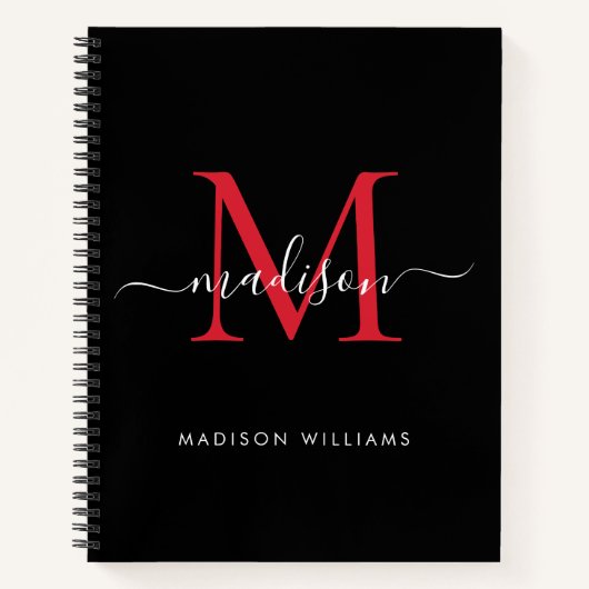 Chic Black Bourgondië Red Girly Monogram Script Na Notitieboek (Voorkant)