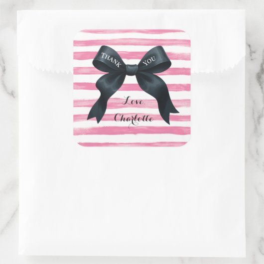 Chic Black Bow Pink White Stripe Vierkante Sticker (Tas)