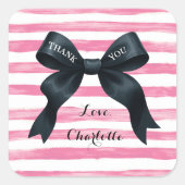 Chic Black Bow Pink White Stripe Vierkante Sticker (Voorkant)