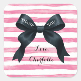 Chic Black Bow Pink White Stripe Vierkante Sticker