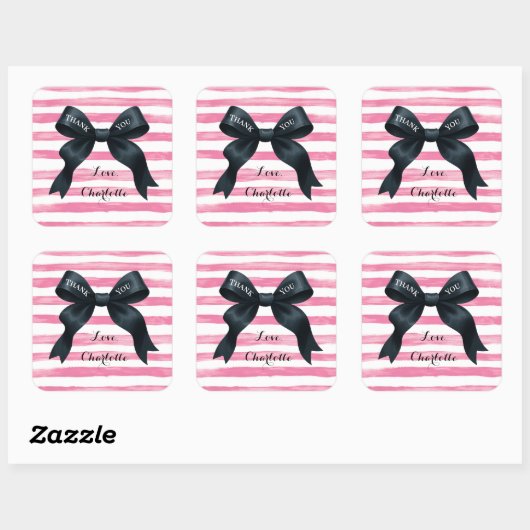 Chic Black Bow Pink White Stripe Vierkante Sticker (Vel)