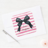 Chic Black Bow Pink White Stripe Vierkante Sticker (Envelop)