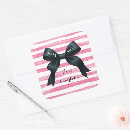Chic Black Bow Pink White Stripe Vierkante Sticker (Envelop)