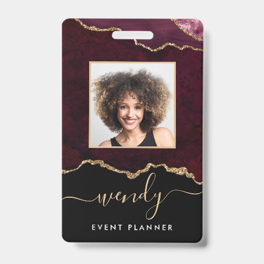Chic Black Burgundy Red Gold Glitter Agate Photo Badge (Voorzijde)
