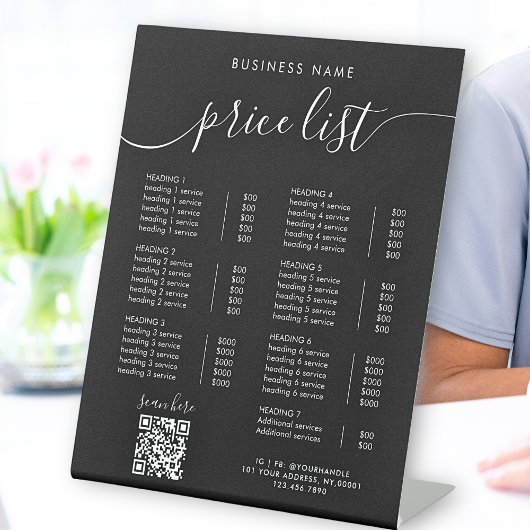 Chic Black Calligraphy Business QR Code prijslijst Reclamebord Met Voetstuk