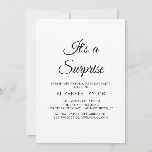 Chic Black Calligraphy Surprise Party Uitnodiging (Voorkant)