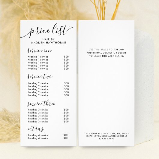 Chic Black Calligraphy Zakelijke service prijslijs Reclamekaart