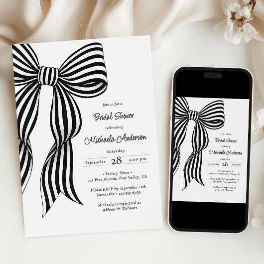 Chic Black Coquette Bow Striped Bridal Shower Invi Kaart