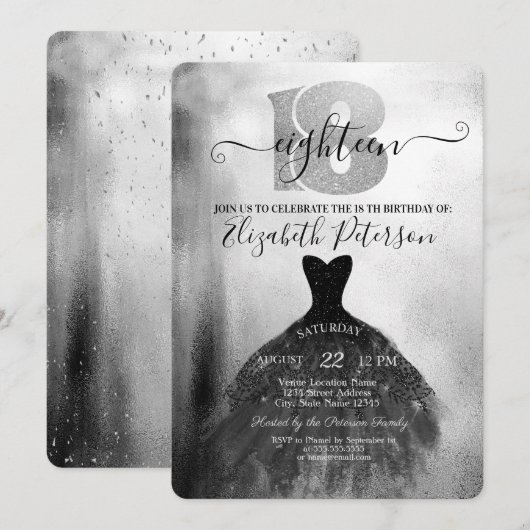 Chic Black Dress Silver Confetti 18th Birthday Kaart (Voorkant / Achterkant)