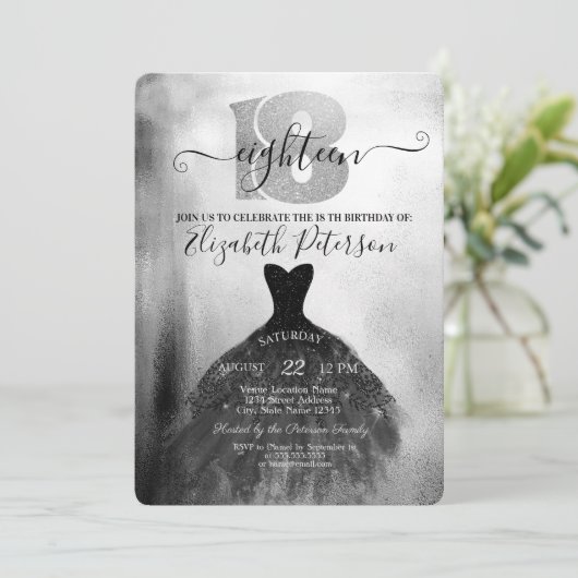 Chic Black Dress Silver Confetti 18th Birthday Kaart (Staand voorkant)
