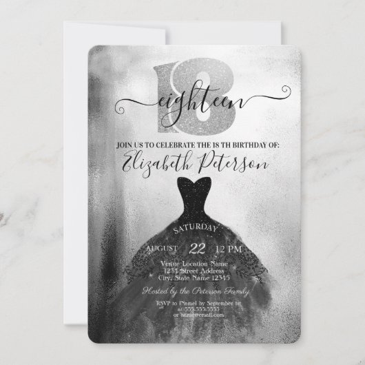 Chic Black Dress Silver Confetti 18th Birthday Kaart (Voorkant)