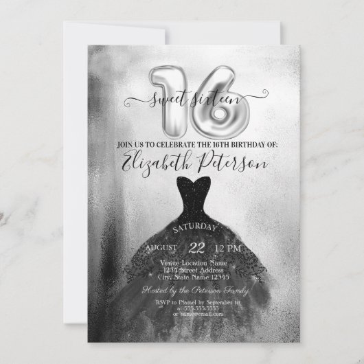 Chic Black Dress Silver Confetti Sweet 16 Kaart (Voorkant)